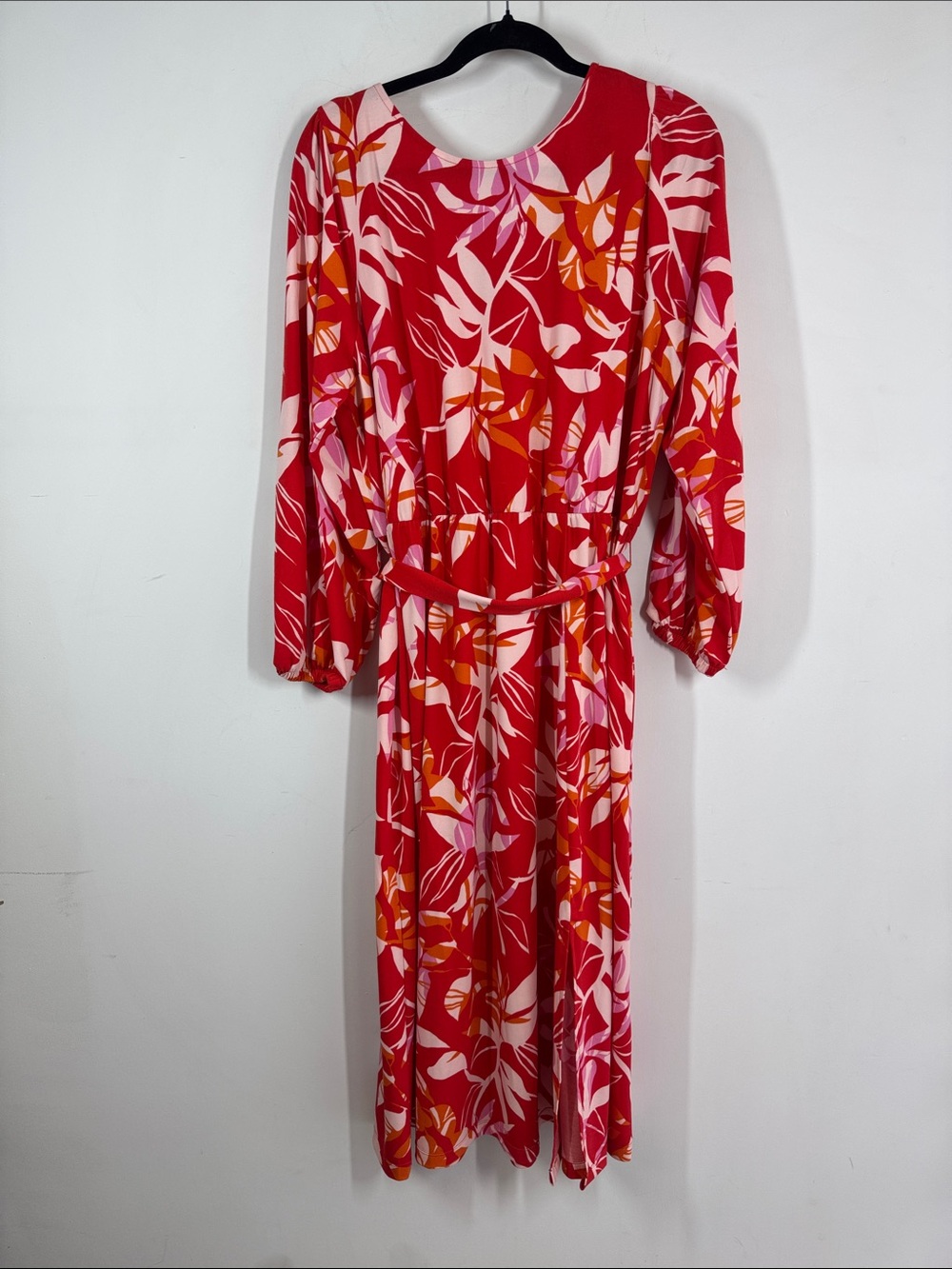 Eloquii Floral Midi Dress Red Pink Size 18 Belted Long Sleeve Summer Boho Chic - Picture 2 of 15